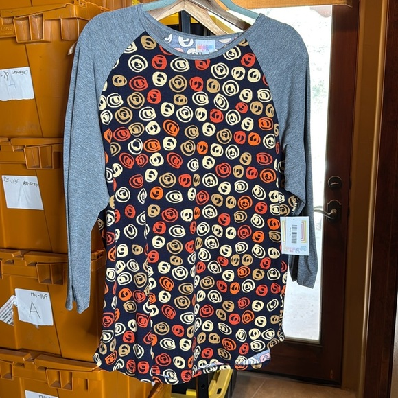 NWT Lularoe Randy Navy Blue Orange Tan Cream Circles w/ Gray Sleeve Size 2XL - Picture 2 of 7